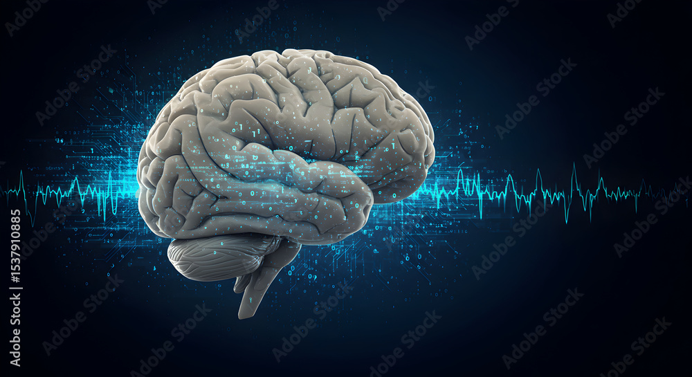 Poster digital brain concept: illustration of brain with binary code and ekg wave