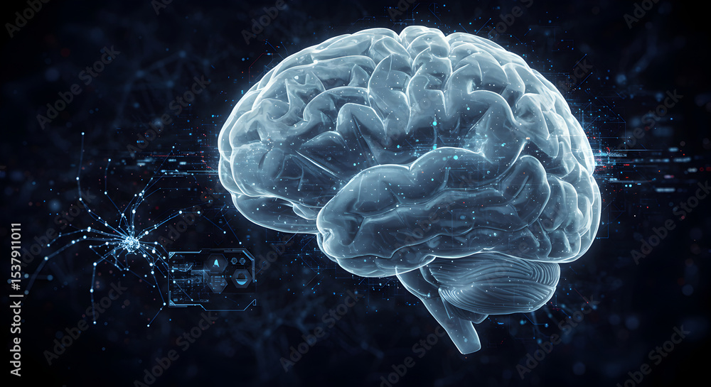 Poster 3d render of human brain with futuristic technology and neural network design