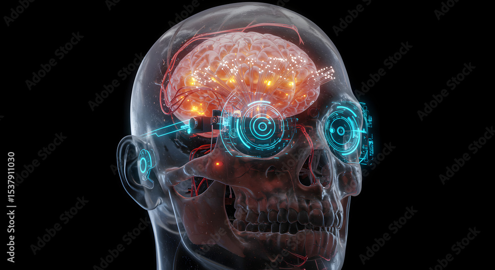 Poster conceptual 3d render of a futuristic human skull with brain and tech components