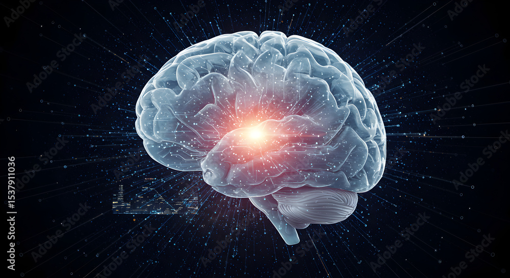 Poster conceptual image of a brain with digital connections, representing artificial intelligence