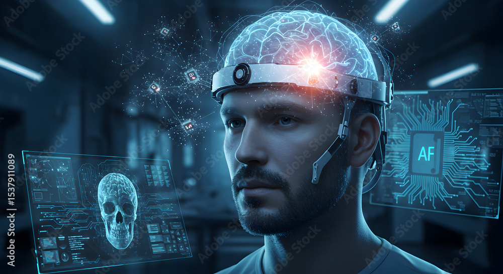 Poster futuristic brain interface technology: a man experiencing advanced neuroscience concepts
