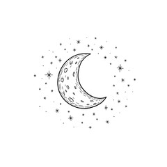 Stylized Crescent Moon and Stars on White Background Design Element