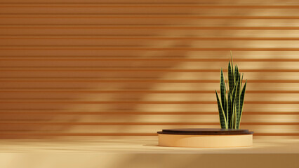 3d render blank space wood texture curved cylinder podium in landscape glass wall