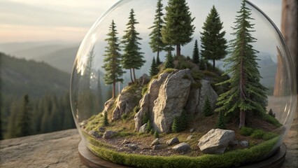 Mountain landscape with green pine trees under a summer sky, reflecting in a clear lake