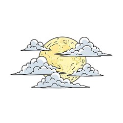 Stylized Full Moon With Cartoon Clouds Isolated on White Background