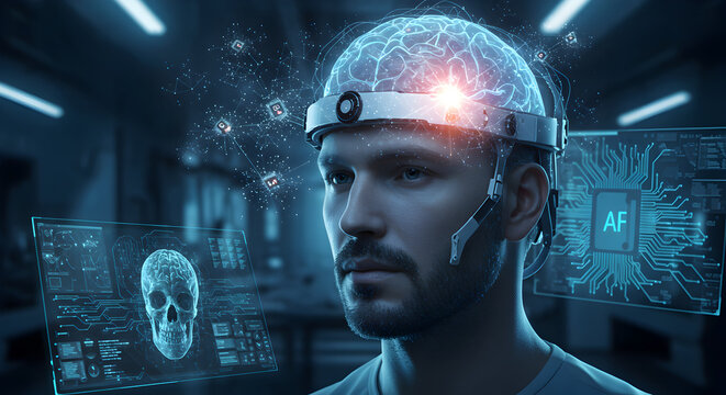 Futuristic Brain Interface Technology: A Man Experiencing Advanced Neuroscience Concepts