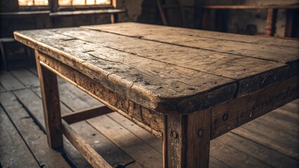 Old vintage wooden table with chairs and stools