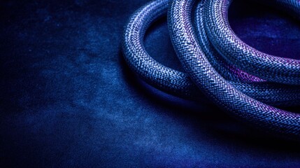 Fototapeta premium Coiled metallic rope with woven texture on deep blue velvety surface, featuring purple and silver reflective hues under soft side lighting.