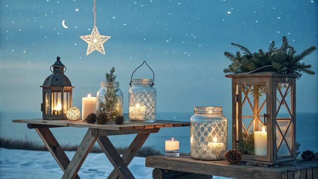 A festive Christmas lantern illuminates the winter night sky over an old European city's river, reflecting near a cathedral and bridge