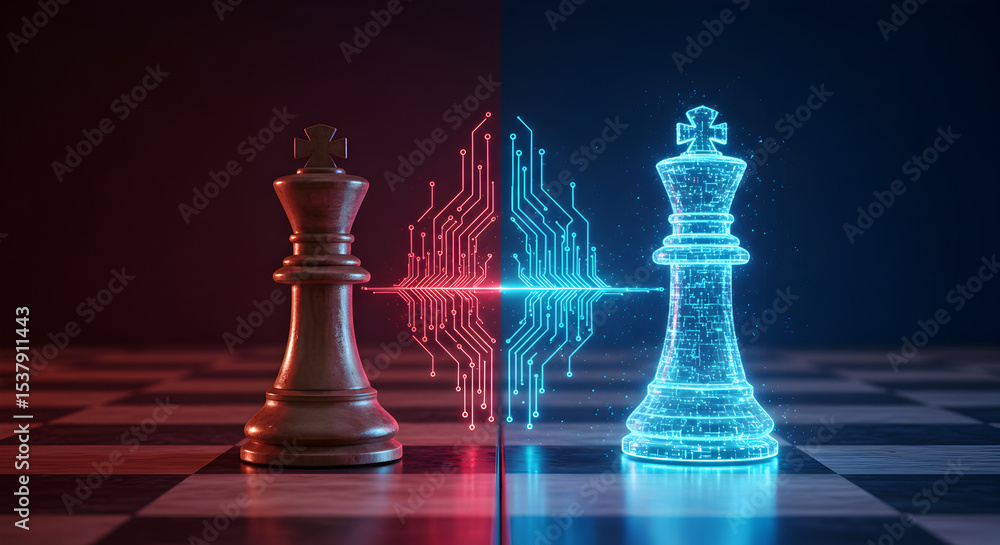 Poster digital transformation: chess kings connected by circuitry on a chessboard