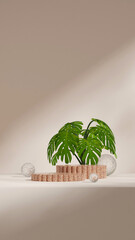 empty scene marble texture curved cylinder podium in portrait spheres in backdrop, 3d rendering