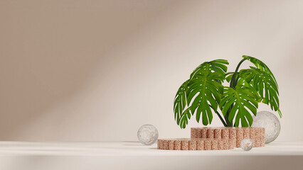 empty scene marble texture curved cylinder podium in landscape spheres in backdrop, 3d rendering