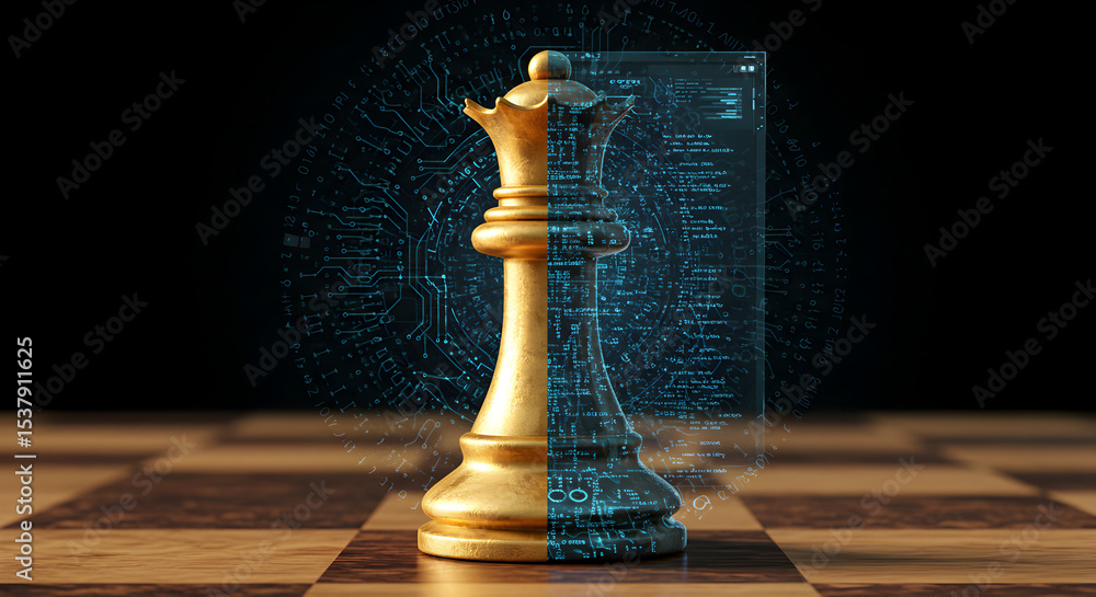 Poster conceptual illustration of chess queen with digital code overlay and circuitry