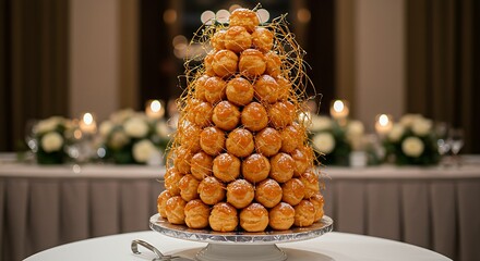 A magnificent croquembouche, towering with delicate choux pastry balls, exquisitely held together with golden caramel threads, and adorned with delicate spun sugar