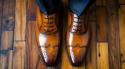 A High-Angle View of a Pair of Impeccably Polished Tan Leather Dress Shoes with Classic Brogue Detailing and Black Laces