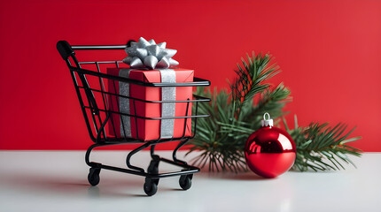 Charming Miniature Black Shopping Cart Holding a Vivid Red Christmas Present Secured with a Glittering Silver Ribbon and Bow