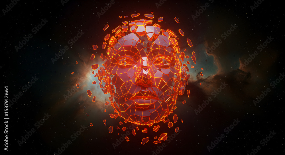 Poster abstract 3d render of a fractured face in space with a starry background