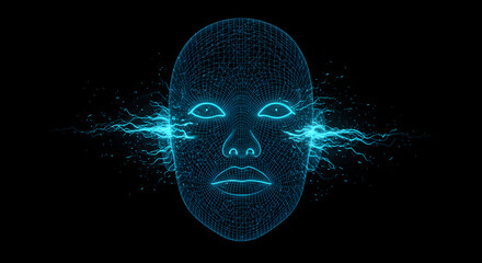 Abstract Digital Face with Electric Energy on Black Background