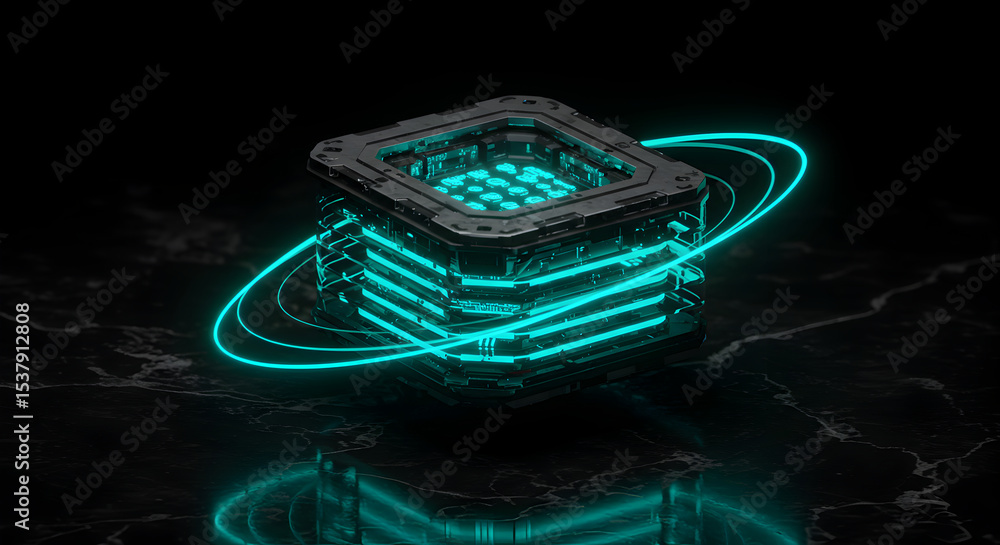 Poster abstract 3d render of a futuristic data cube with glowing neon lines