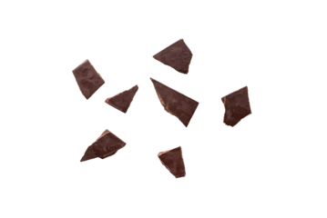 Broken organic dark chocolate bar isolated on a transparent background without shadow from above, top view, png