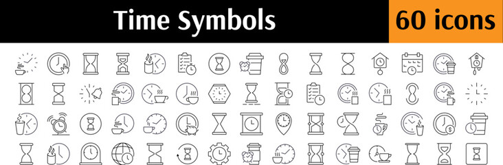 Time Icon Set. Contains Icons of Hourglass, Coffee Break, Alarm Clock for Graphics, Concept, Apps