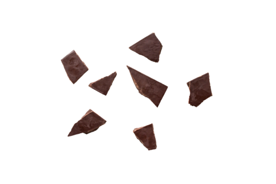 Broken organic dark chocolate bar isolated on a transparent background without shadow from above, top view, png