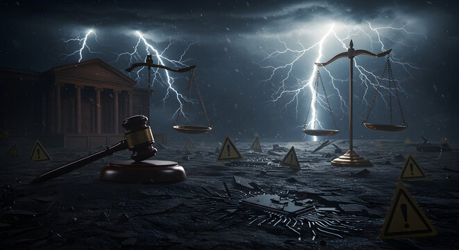 Symbolic Representation of Justice, Technology, and Societal Challenges Under Stormy Skies