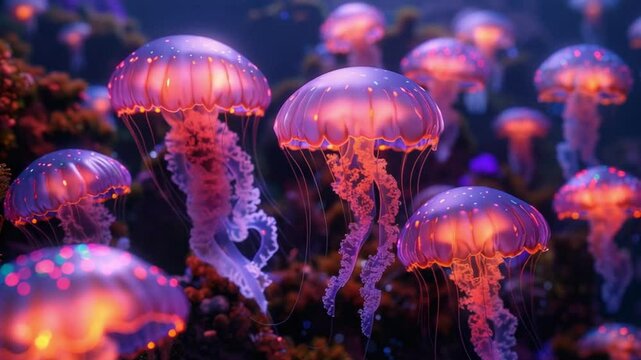 Very realistic and glowing deep sea coral reef with jellyfish
