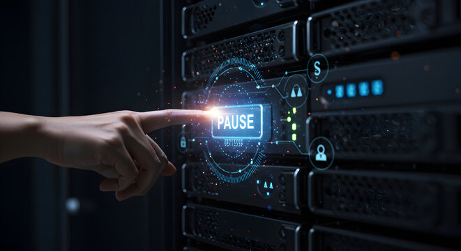 Human Finger Pressing Pause Button on Server, Data Center Technology