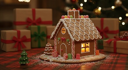 A meticulously decorated gingerbread house, dusted with "snow" made of powdered sugar, exquisitely presented on a festive red and green checkered tablecloth, 
