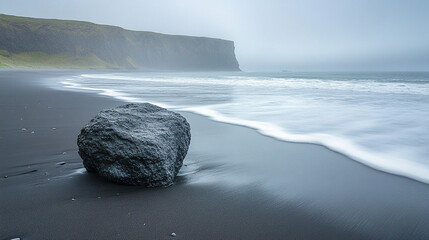 A solitary dark rock rests on a black sand beach under stormy gray skies—symbolizing strength, solitude, resilience, and the stark beauty of nature’s raw, dramatic moments.
