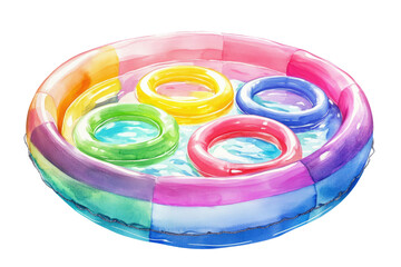 Colorful Inflatable Pool with Float Rings in a Water Splash isolated on transparent white background, clipping path