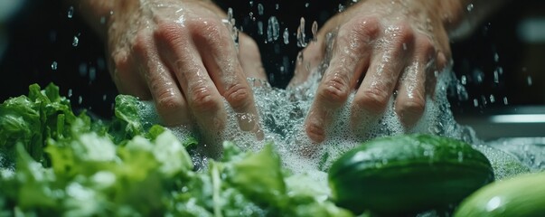 Close-up of hands washing vegetables under tap water in the kitchen, preparing fresh ingredients for a healthy salad., Generative AI