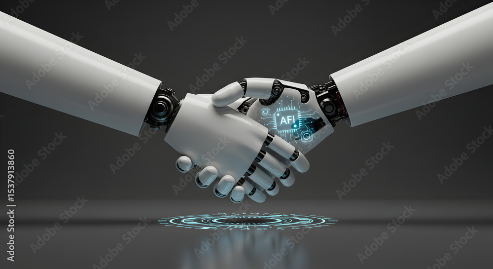 Poster conceptual artwork of two robotic hands shaking in a display of partnership