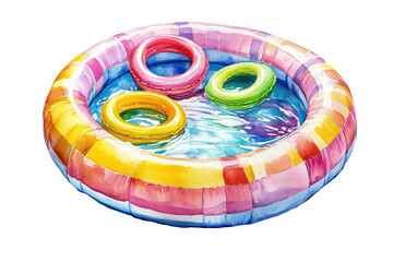 Colorful Inflatable Pool with Float Rings in a Water Splash isolated on transparent white background, clipping path
