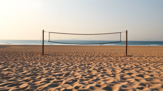 Volleyball net standing on sandy beach by the ocean at sunrise