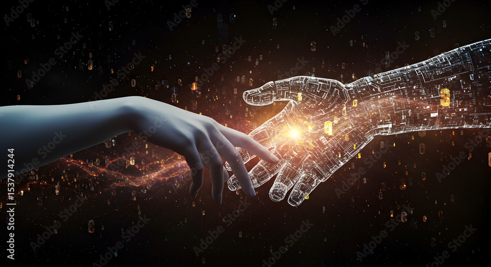 Poster conceptual artwork depicting human and technological interaction and connection
