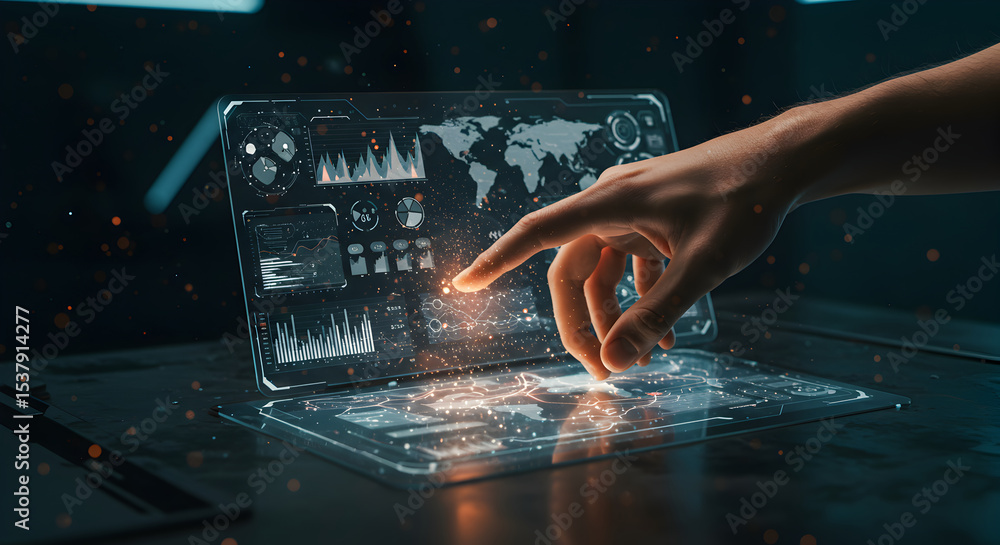 Poster person interacting with futuristic holographic interface displaying data analysis