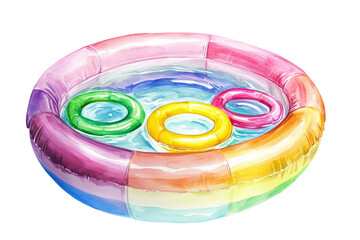 Colorful Inflatable Pool with Float Rings in a Water Splash isolated on transparent white background, clipping path