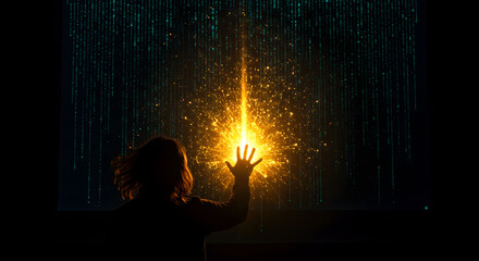 Woman's hand reaching towards light with digital rain, technology concept
