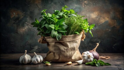 Freshly picked basil and mint leaves in a mortar with a pestle, isolated on white, highlight nature's healthy herbal ingredients for food and spice