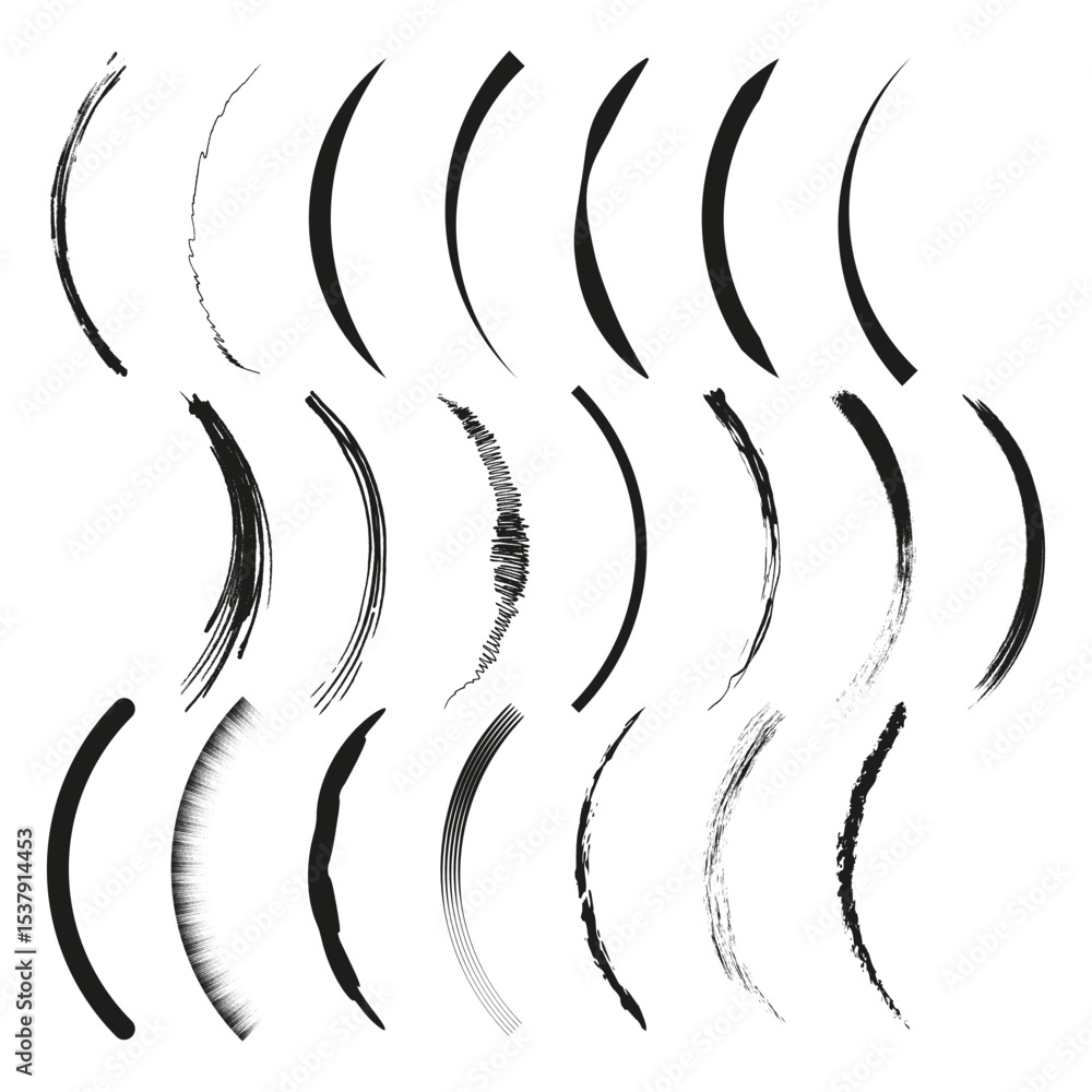 Poster curved brushstroke icon. arc vector stroke. motion shape set. abstract ink form.