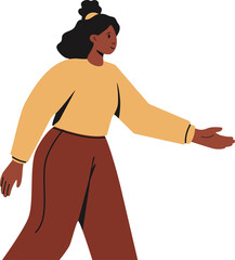 African american woman walking with open hand. Concept of help, inviting gesture, or welcome. Illustration for business and lifestyle.