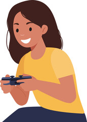 Young woman enthusiastically playing video game with console controller. Casual female gamer enjoying leisure time. Illustration for entertainment and technology concepts.