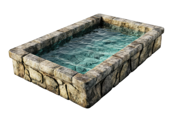 Rectangular stone basin filled with clear, turquoise water