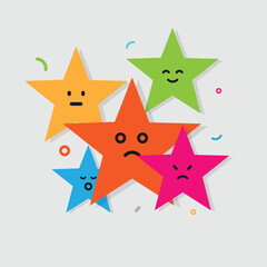 Star character. colorful funny stars with face emotions, cute cartoon emoji design