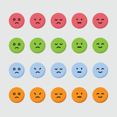 Emoticons icons set. Emoji faces collection. Emojis flat style. Happy happy, smile, neutral, sad and angry emoji. Line smiley face