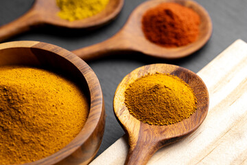 Colorful Spices on Wooden Spoons – Curry, Turmeric, and Paprika on Dark Slate Background