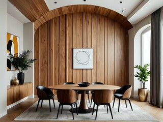 Elegant dining room featuring a wooden accent wall, oval table, and modern chairs, with artwork.