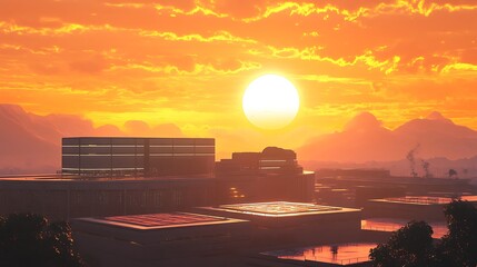 Serene Sunset Over a Futuristic Data Center With Vibrant Orange Skies